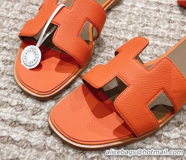 Hot Style Hermes Classic Oran Flat Slide Sandals in Grained Leather Orange 530047