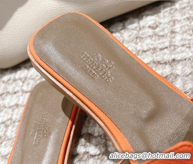 Hot Style Hermes Classic Oran Flat Slide Sandals in Grained Leather Orange 530047