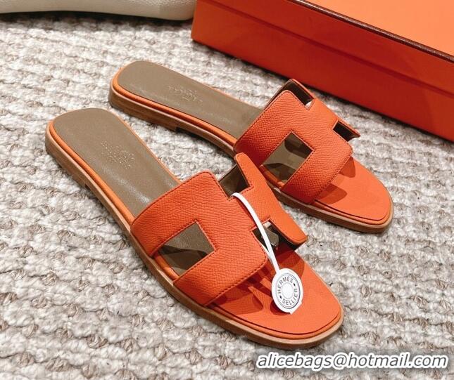 Hot Style Hermes Classic Oran Flat Slide Sandals in Grained Leather Orange 530047