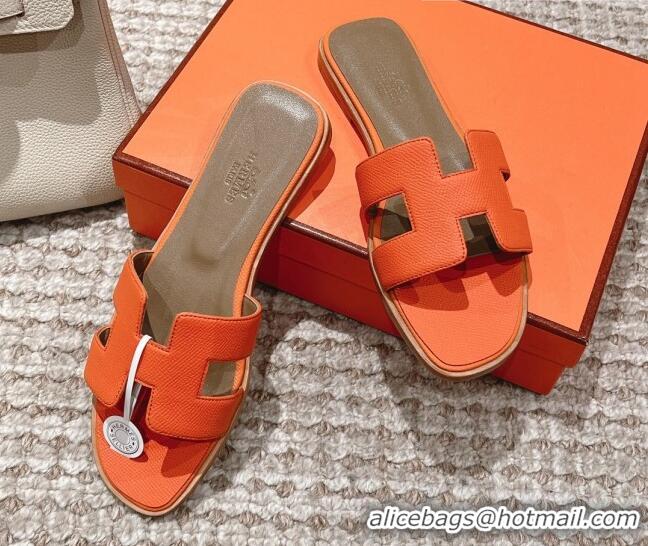 Hot Style Hermes Classic Oran Flat Slide Sandals in Grained Leather Orange 530047