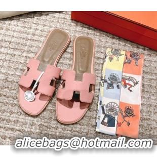 Charming Hermes Classic Oran Flat Slide Sandals in Grained Leather Light Pink 30530049