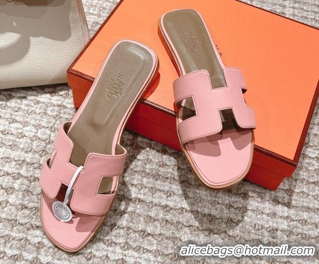 Charming Hermes Classic Oran Flat Slide Sandals in Grained Leather Light Pink 30530049