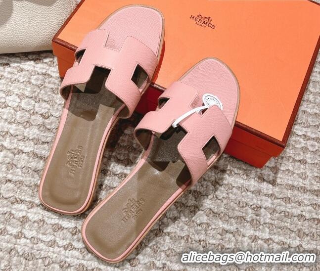 Charming Hermes Classic Oran Flat Slide Sandals in Grained Leather Light Pink 30530049