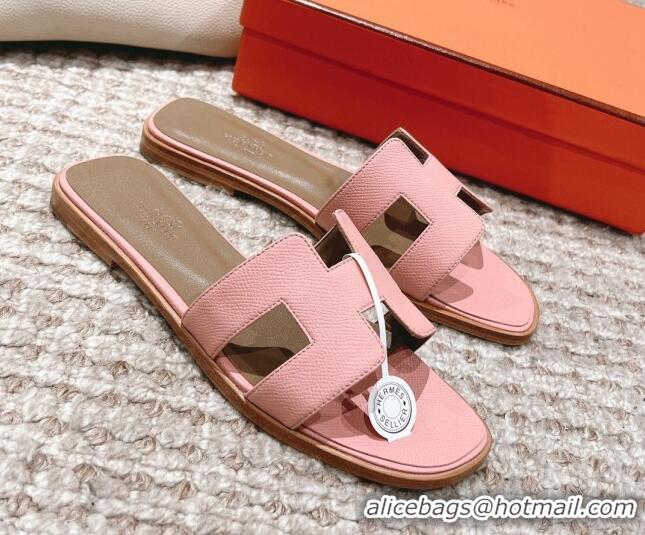 Charming Hermes Classic Oran Flat Slide Sandals in Grained Leather Light Pink 30530049