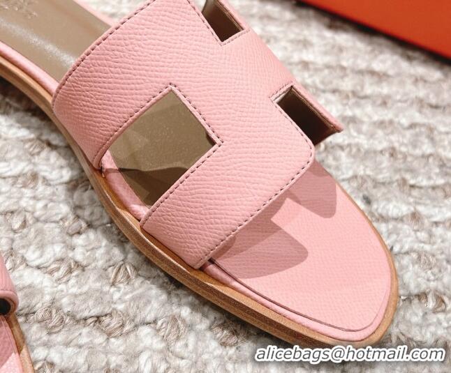 Charming Hermes Classic Oran Flat Slide Sandals in Grained Leather Light Pink 30530049