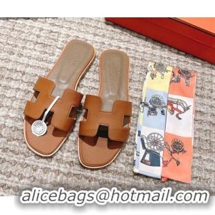 Discount Hermes Classic Oran Flat Slide Sandals in Grained Leather Brown/Grey 530050