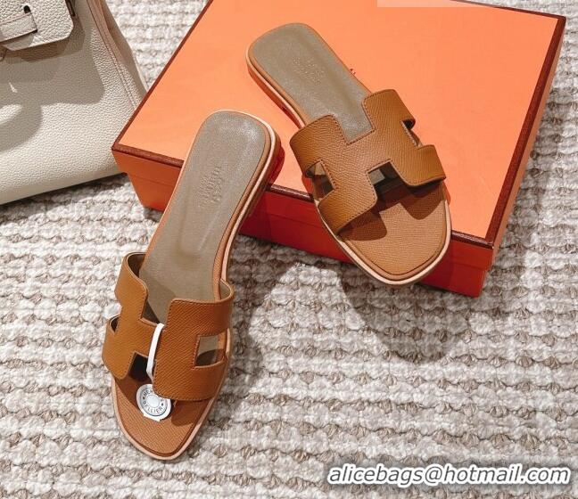 Discount Hermes Classic Oran Flat Slide Sandals in Grained Leather Brown/Grey 530050