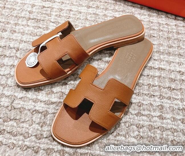 Discount Hermes Classic Oran Flat Slide Sandals in Grained Leather Brown/Grey 530050