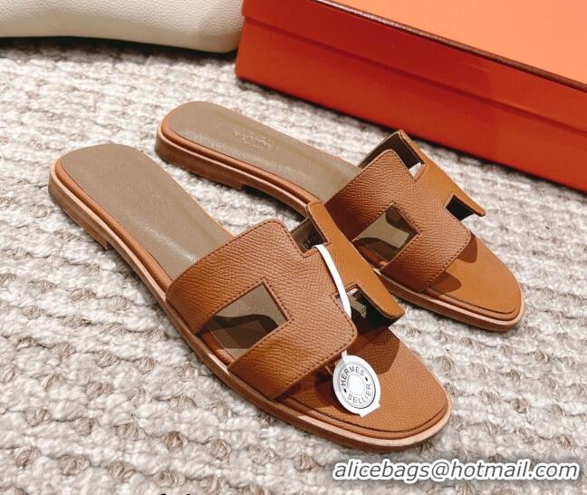 Discount Hermes Classic Oran Flat Slide Sandals in Grained Leather Brown/Grey 530050