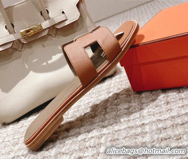 Discount Hermes Classic Oran Flat Slide Sandals in Grained Leather Brown/Grey 530050