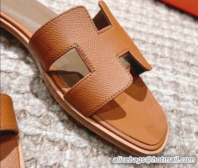 Discount Hermes Classic Oran Flat Slide Sandals in Grained Leather Brown/Grey 530050