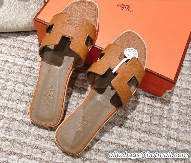 Discount Hermes Classic Oran Flat Slide Sandals in Grained Leather Brown/Grey 530050