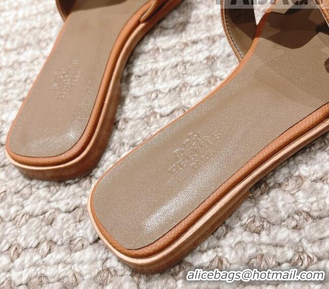 Discount Hermes Classic Oran Flat Slide Sandals in Grained Leather Brown/Grey 530050