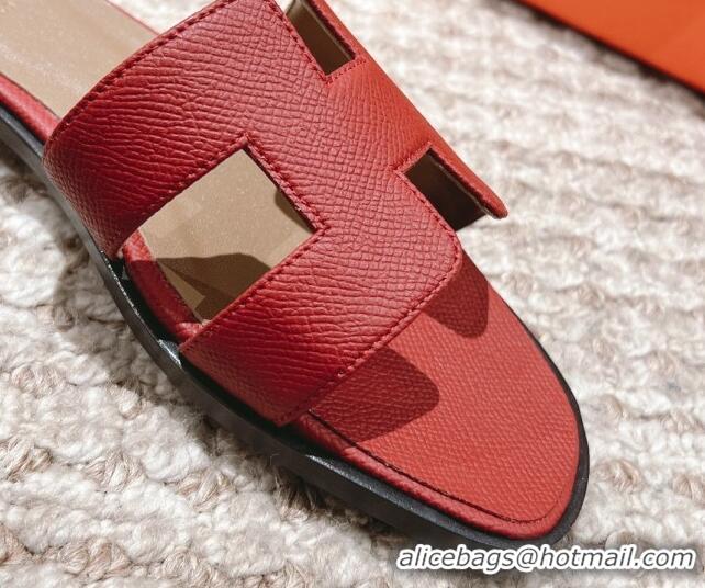 Stylish Hermes Classic Oran Flat Slide Sandals in Grained Leather Burgundy 0530051