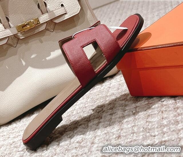 Stylish Hermes Classic Oran Flat Slide Sandals in Grained Leather Burgundy 0530051