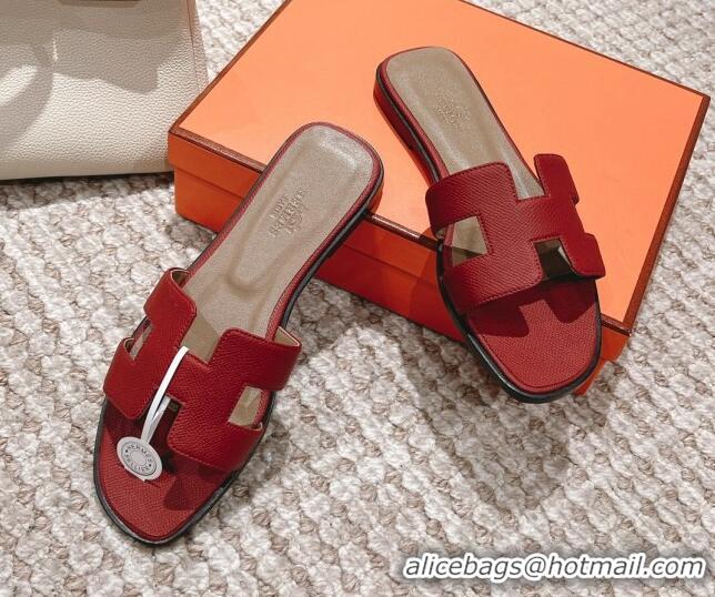 Stylish Hermes Classic Oran Flat Slide Sandals in Grained Leather Burgundy 0530051