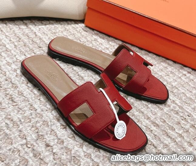 Stylish Hermes Classic Oran Flat Slide Sandals in Grained Leather Burgundy 0530051