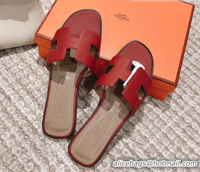 Stylish Hermes Classic Oran Flat Slide Sandals in Grained Leather Burgundy 0530051