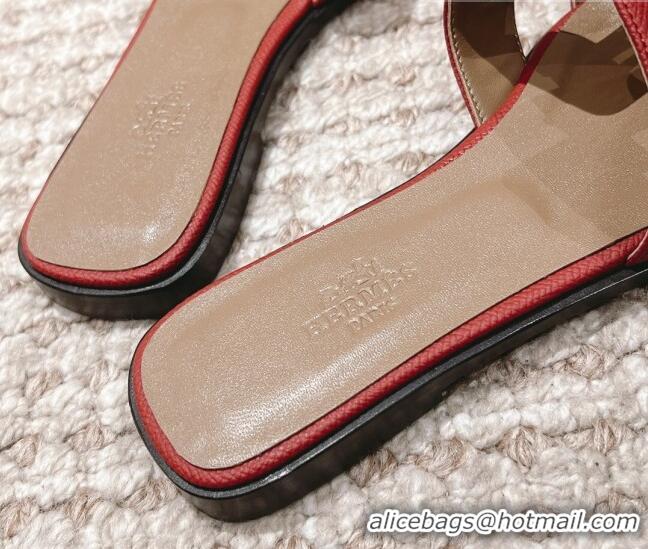 Stylish Hermes Classic Oran Flat Slide Sandals in Grained Leather Burgundy 0530051