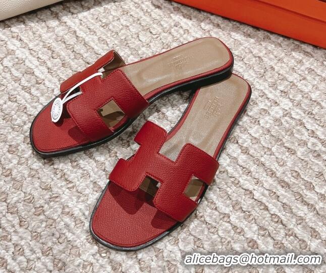 Stylish Hermes Classic Oran Flat Slide Sandals in Grained Leather Burgundy 0530051