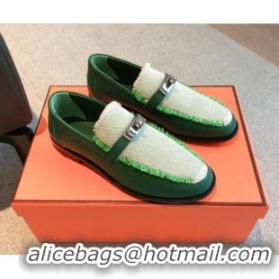 Fashion Luxury Hermes Destin loafers in calfskin and fringed canvas Green 530057