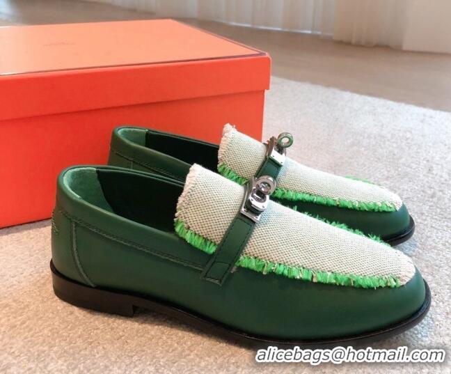 Fashion Luxury Hermes Destin loafers in calfskin and fringed canvas Green 530057