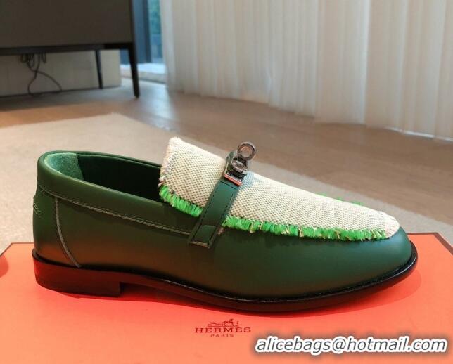 Fashion Luxury Hermes Destin loafers in calfskin and fringed canvas Green 530057