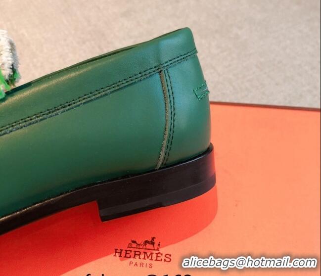 Fashion Luxury Hermes Destin loafers in calfskin and fringed canvas Green 530057