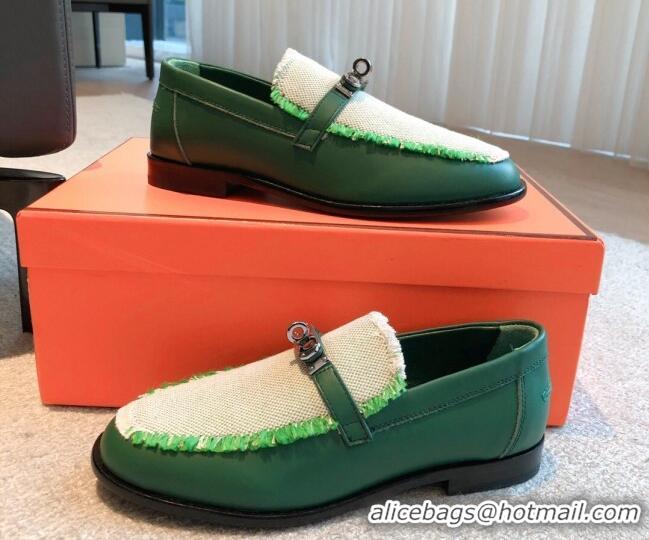 Fashion Luxury Hermes Destin loafers in calfskin and fringed canvas Green 530057