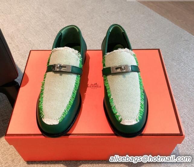 Fashion Luxury Hermes Destin loafers in calfskin and fringed canvas Green 530057