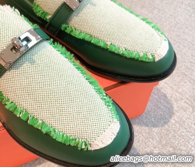 Fashion Luxury Hermes Destin loafers in calfskin and fringed canvas Green 530057