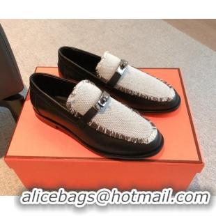 Fashion Hermes Destin loafers in calfskin and fringed canvas Black 0530058