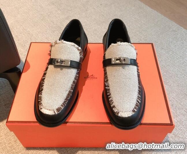 Fashion Hermes Destin loafers in calfskin and fringed canvas Black 0530058