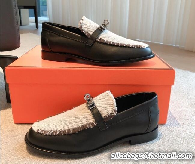 Fashion Hermes Destin loafers in calfskin and fringed canvas Black 0530058