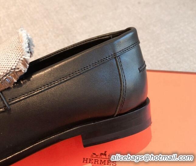 Fashion Hermes Destin loafers in calfskin and fringed canvas Black 0530058