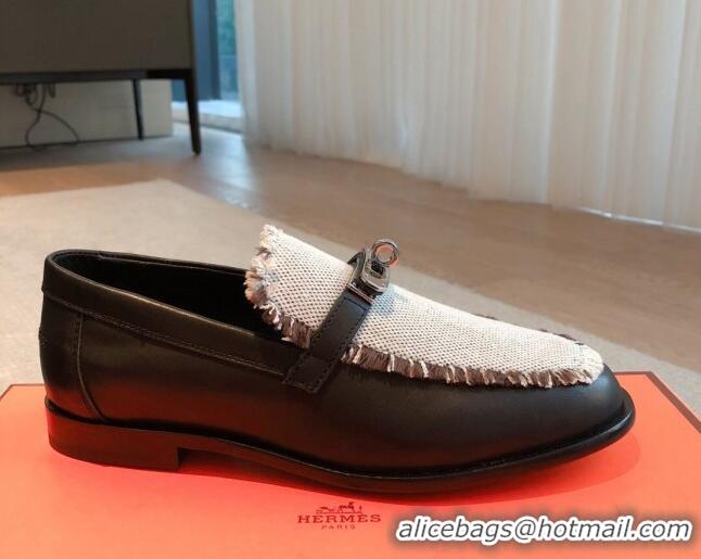 Fashion Hermes Destin loafers in calfskin and fringed canvas Black 0530058