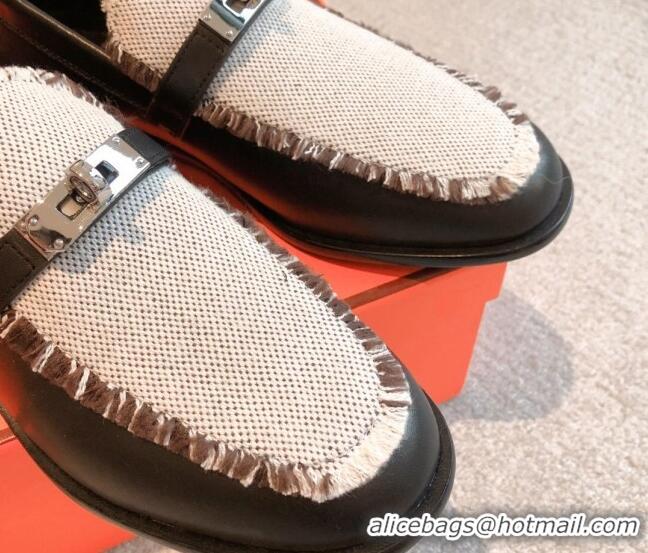 Fashion Hermes Destin loafers in calfskin and fringed canvas Black 0530058