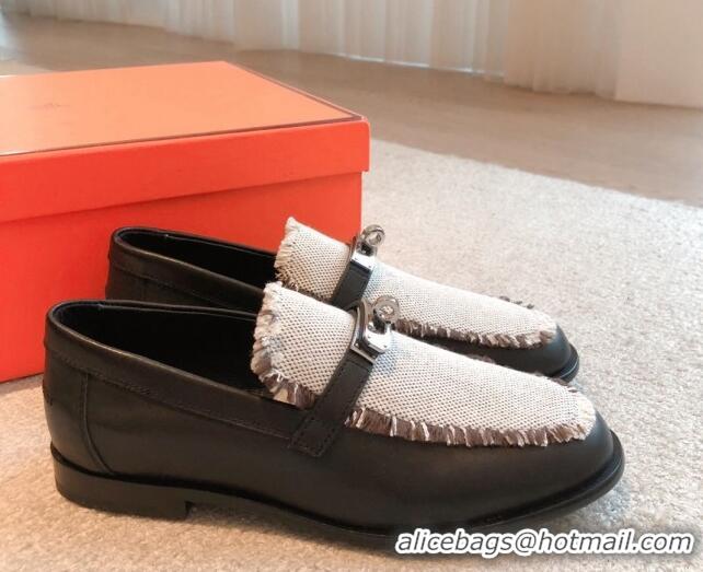 Fashion Hermes Destin loafers in calfskin and fringed canvas Black 0530058