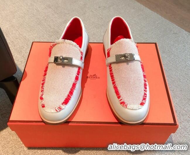 Purchase Hermes Destin loafers in calfskin and fringed canvas White 0530059