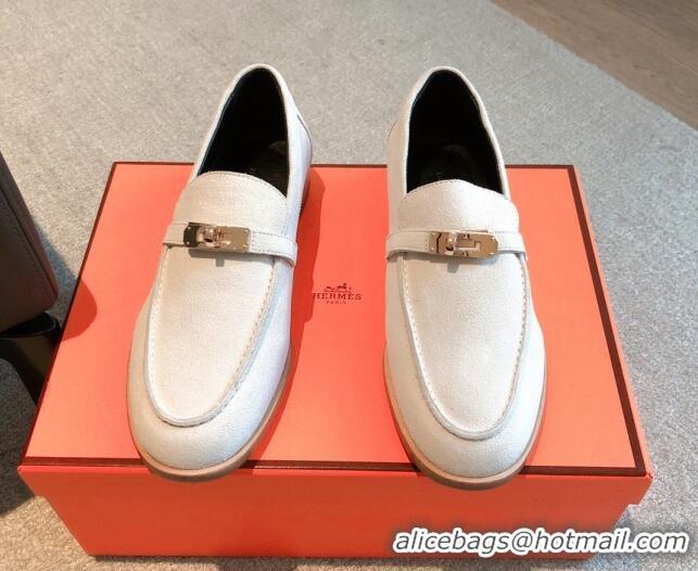 Best Grade Hermes Destin loafers in White Suede 530064