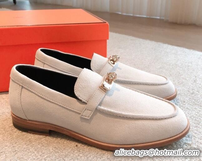 Best Grade Hermes Destin loafers in White Suede 530064