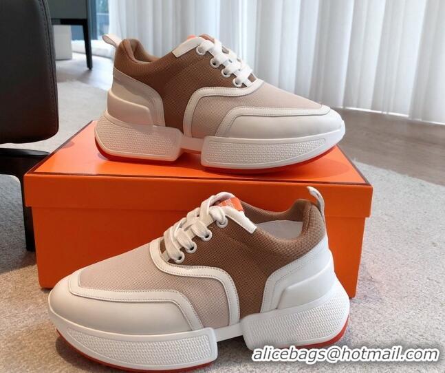 Grade Quality Hermes Giga sneakers in mesh pique and calfskin Beige/Brown 0530071