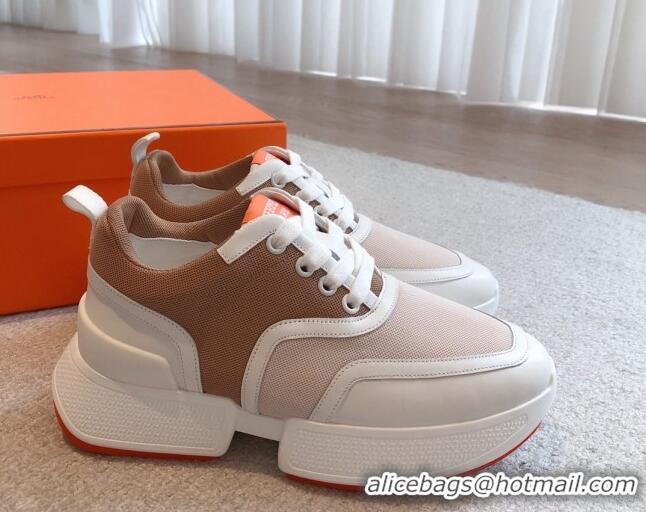 Grade Quality Hermes Giga sneakers in mesh pique and calfskin Beige/Brown 0530071