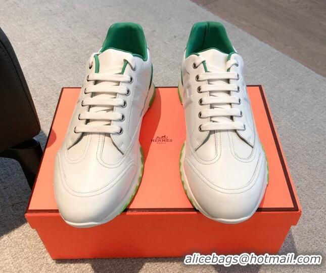 Good Looking Hermes Trail sneakers in calfskin leather white/Green 530085