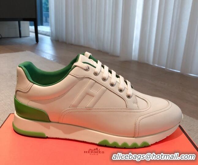 Good Looking Hermes Trail sneakers in calfskin leather white/Green 530085