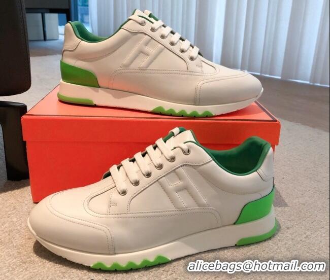 Good Looking Hermes Trail sneakers in calfskin leather white/Green 530085