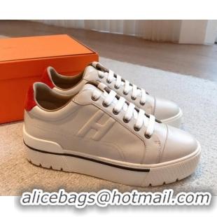 Best Grade Hermes Calfskin Platform Sneakers White/Red 0531001