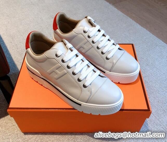 Best Grade Hermes Calfskin Platform Sneakers White/Red 0531001