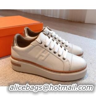 Top Design Hermes Calfskin Platform Sneakers White/Silver 531002