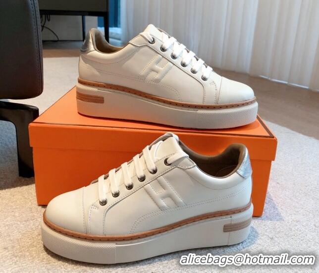 Top Design Hermes Calfskin Platform Sneakers White/Silver 531002